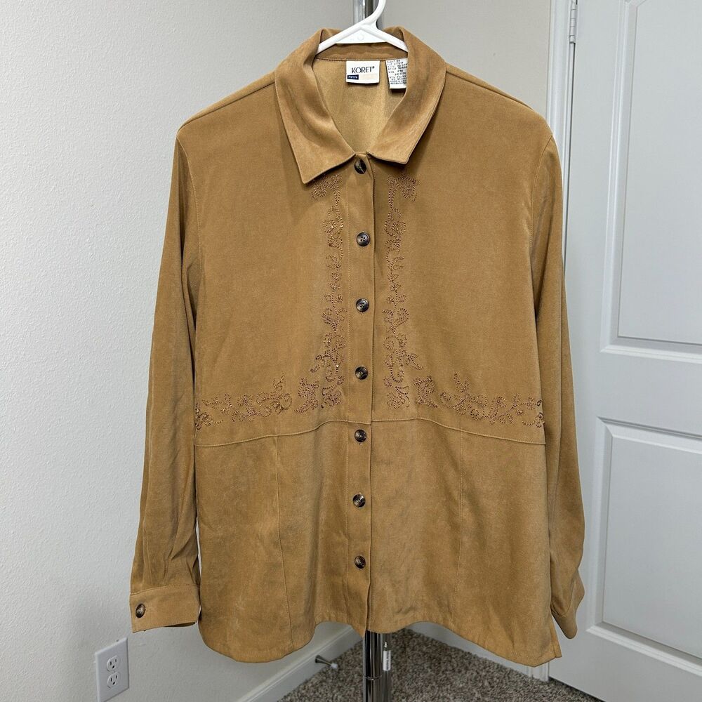 Vtg Koret Western Faux Suede Shirt Petite M Camel Embroidered Boho Shacket Top